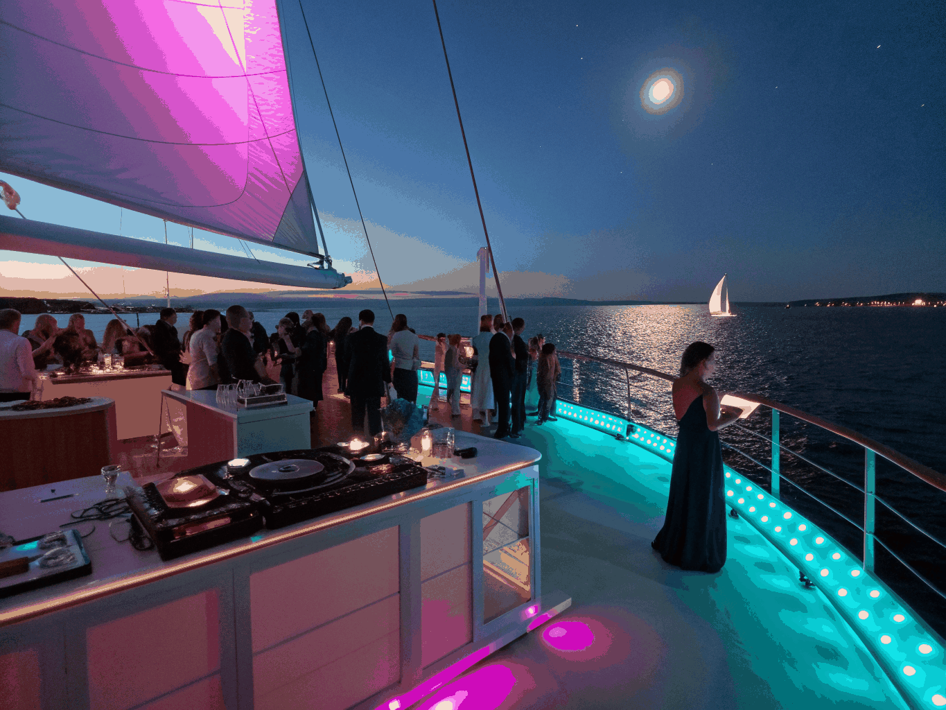 Beleuchtetes Luxusyacht-Deck mit atmosphärischer Abendbeleuchtung